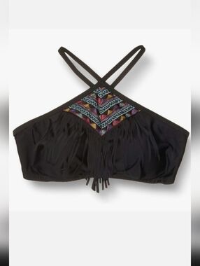 Costa del Sol Black Fringe & Embroidery Halter Neck Bandeau Bikini Top Sz 0X NWT